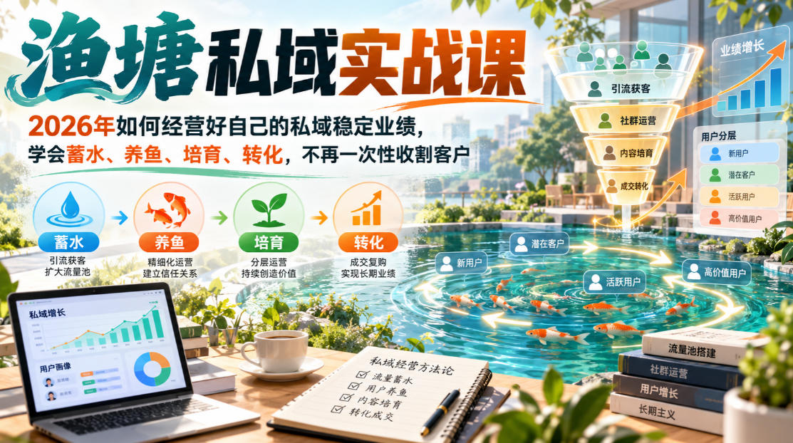 渔塘私域实战课，2026年如何经营好自己的私域稳定业绩，学会蓄水、养鱼、培育、转化，不再一次性收割客户-识享社