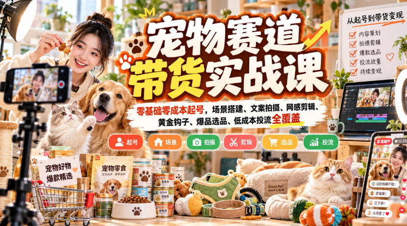 宠物赛道带货实战课,零基础零成本起号,场景搭建、文案拍摄、网感剪辑、黄金钩子、爆品选品、低成本投流全覆盖-识享社