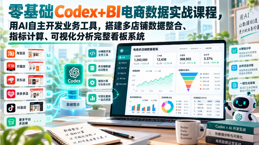 零基础Codex+BI电商数据实战课程，用AI自主开发业务工具，搭建多店铺数据整合、指标计算、可视化分析完整看板系统-识享社
