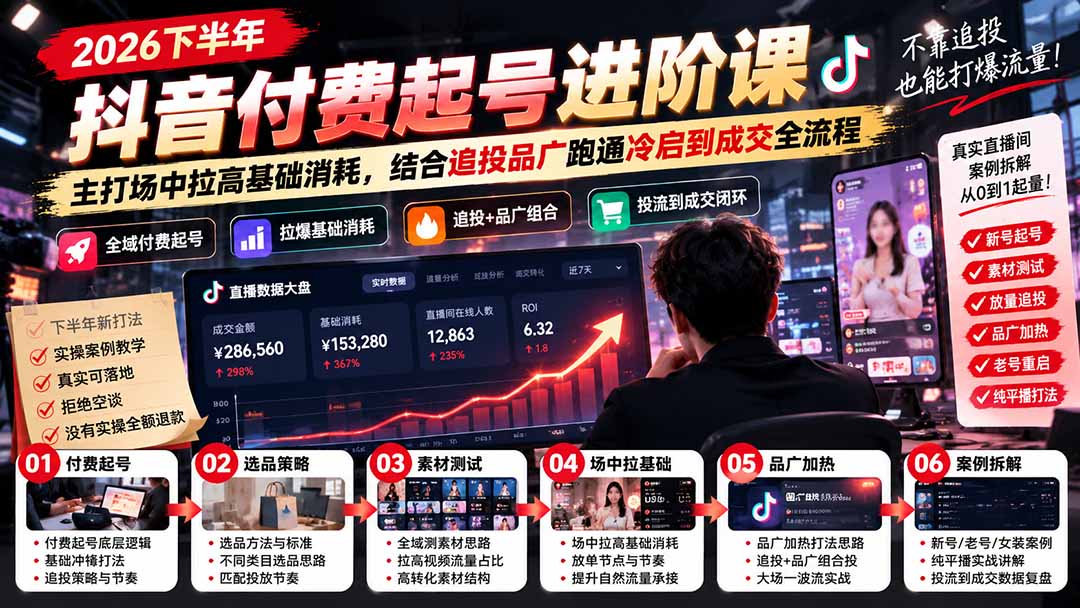 2026下半年抖音付费起号进阶课：主打场中拉高基础消耗，结合追投品广跑通冷启到成交全流程-识享社