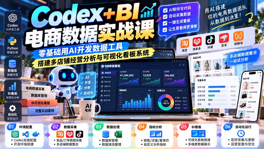 Codex+BI电商数据实战课:零基础用AI开发数据工具,搭建多店铺经营分析与可视化看板系统-识享社