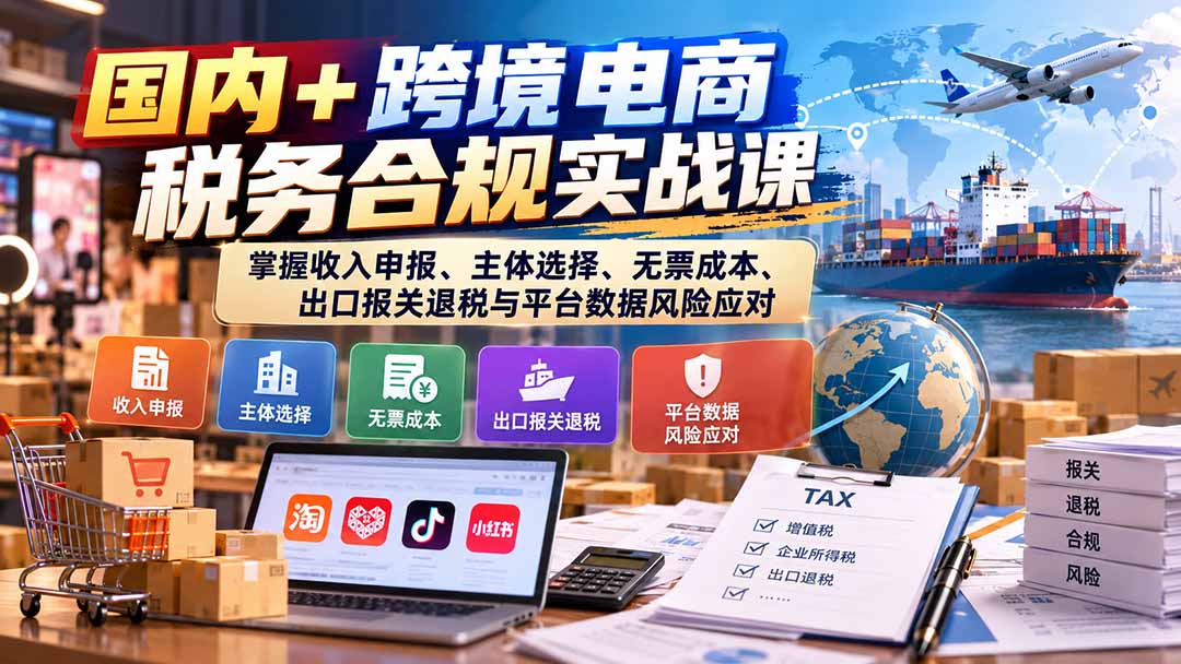 国内+跨境电商税务合规实战课:掌握收入申报、主体选择、无票成本、出口报关退税与平台数据风险应对-识享社