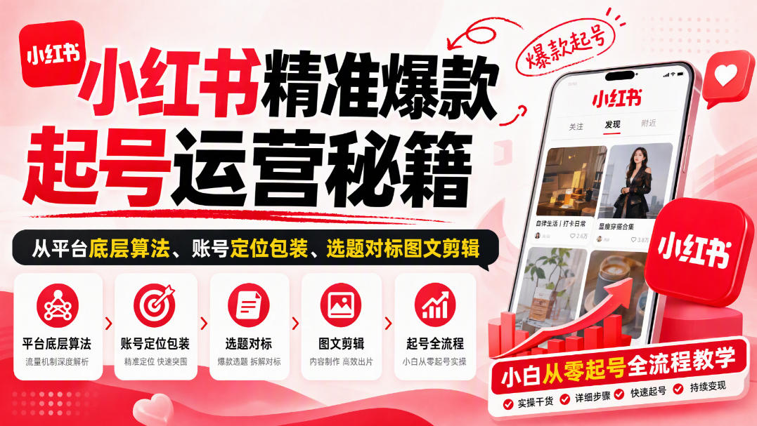 小红书精准爆款起号运营秘籍，从平台底层算法、账号定位包装、选题对标图文剪辑，小白从零起号全流程-识享社