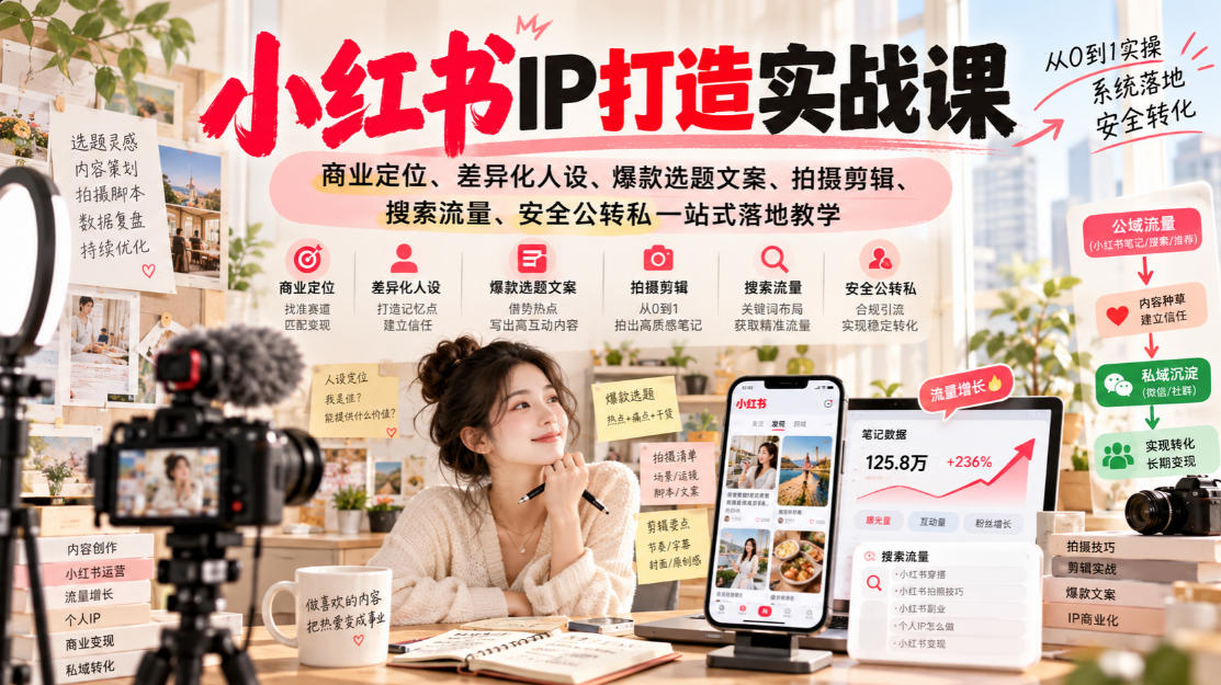 小红书ip打造实战课，商业定位、差异化人设、爆款选题文案、拍摄剪辑、搜索流量、安全公转私一站式落地教学-识享社