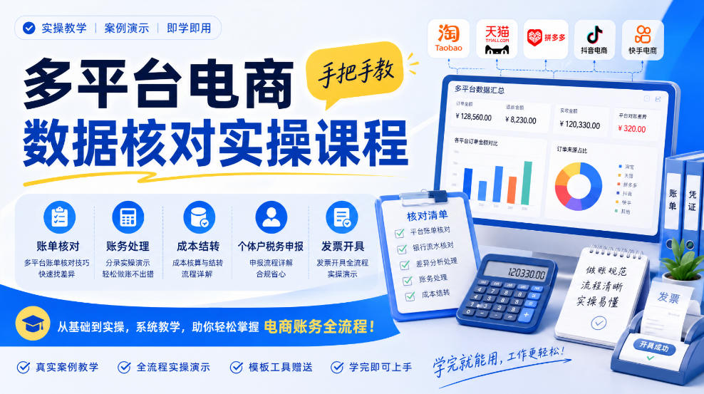 多平台电商数据核对实操课程,手把手教账单核对、账务处理、成本结转、个体户税务申报与发票开具-识享社