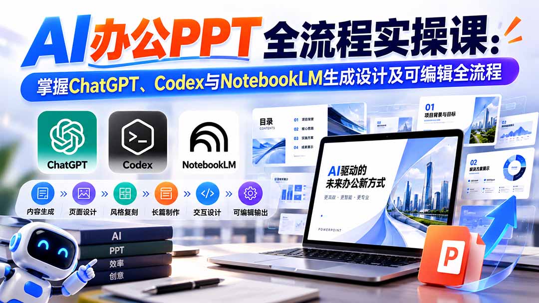 【无水印】AI办公PPT全流程实操课： 掌握ChatGPT、Codex与NotebookLM生成设计及可编辑全流程-识享社