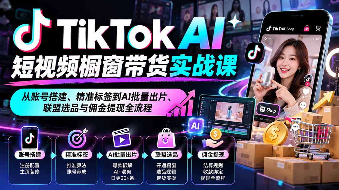 TikTok AI短视频橱窗带货实战课:从账号搭建、精准标签到AI批量出片、联盟选品与佣金提现全流程-识享社