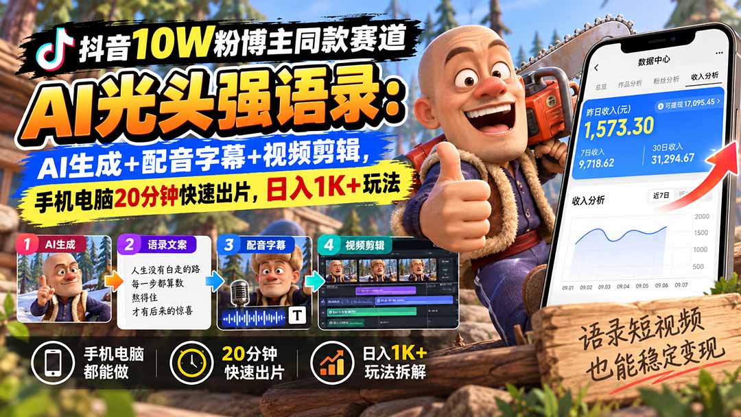 【无水印】抖音10W粉博主同款赛道AI光头强语录:AI生成+配音字幕+视频剪辑,手机电脑20分钟快速出片,日入1K+玩法-识享社
