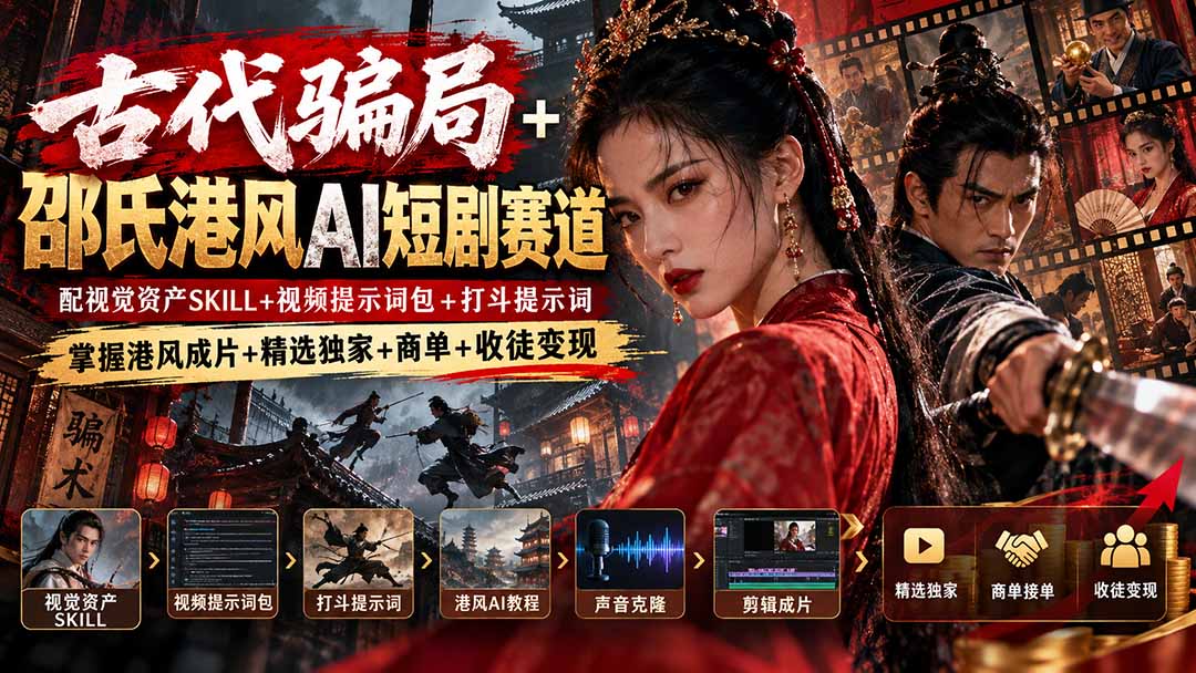 古代骗局+邵氏港风AI短剧赛道:配视觉资产SKILL+视频提示词包+打斗提示词,掌握港风成片+精选独家+商单+收徒变现-识享社