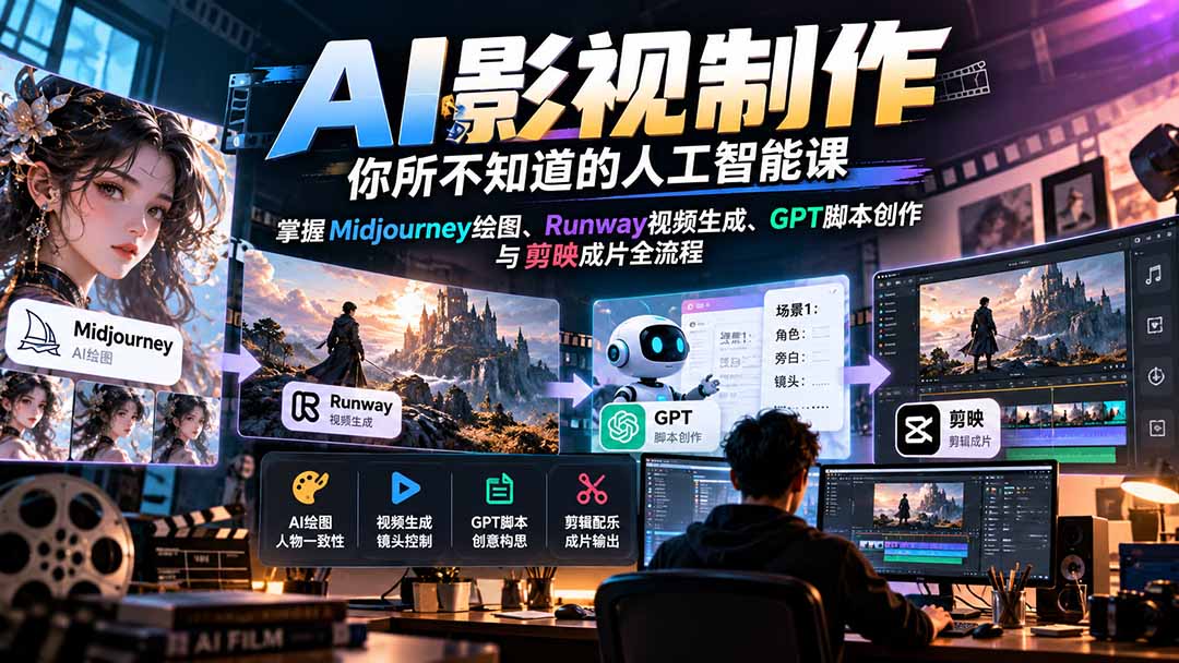 【无水印】AI影视制作-你所不知道的人工智能课，掌握Midjourney绘图、Runway视频生成、GPT脚本创作与剪映成片全流程-识享社