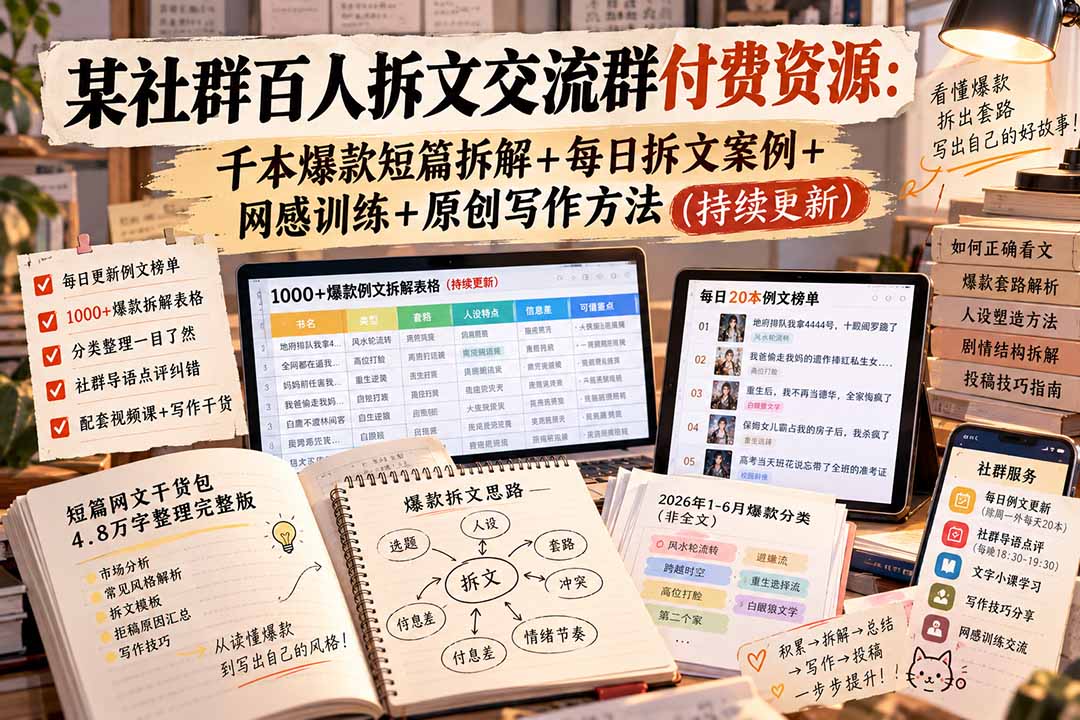某社群百人拆文交流群付费资源-更新0929：千本爆款短篇拆解+每日拆文案例+网感训练+原创写作方法-识享社