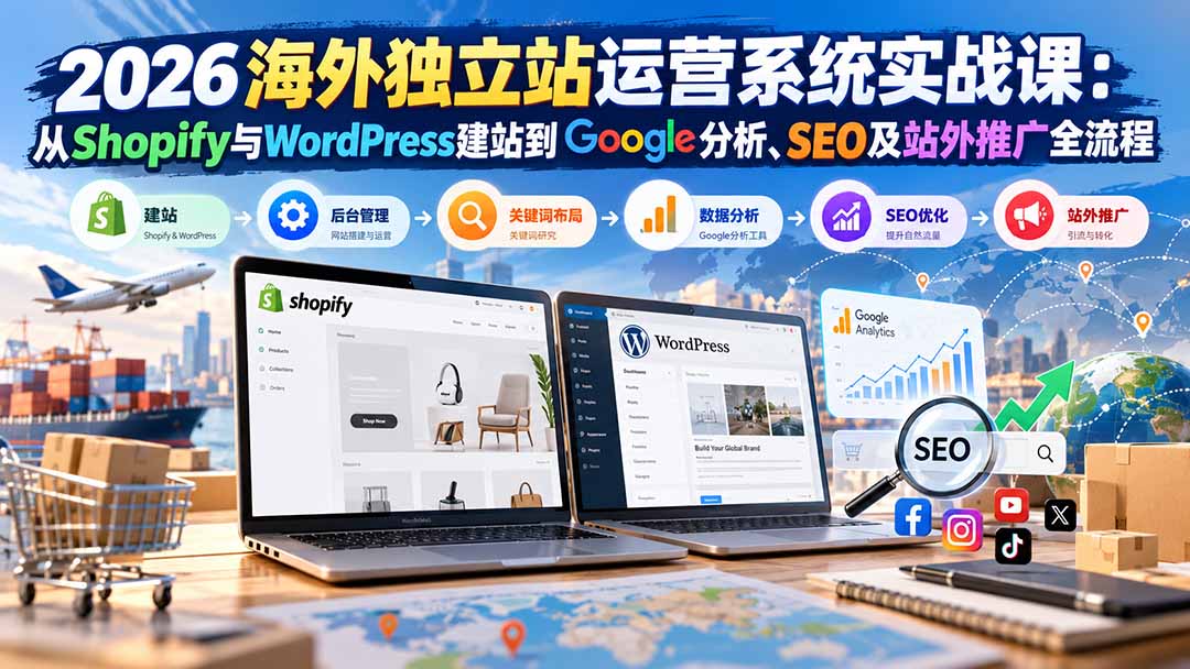 2026海外独立站运营系统实战课：从Shopify与WordPress建站到Google分析、SEO及站外推广全流程-识享社