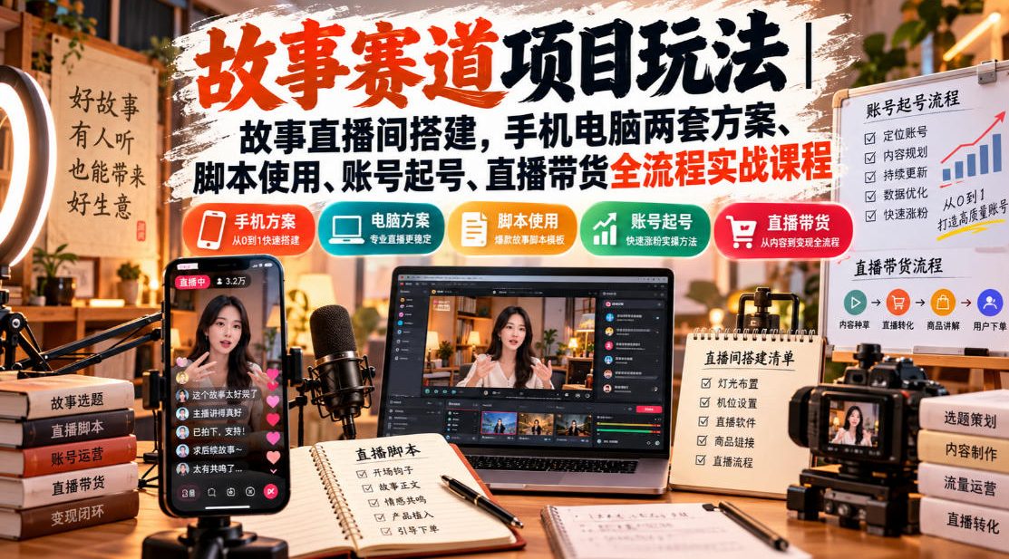 故事赛道项目玩法｜故事直播间搭建，手机电脑两套方案、脚本使用、账号起号、直播带货全流程实战课程-识享社