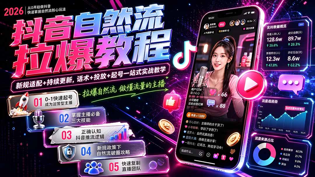 抖音自然流拉爆教程-更新9月:做懂流量的主播,新规适配+持续更新,话术+投放+起号一站式实战教学-识享社