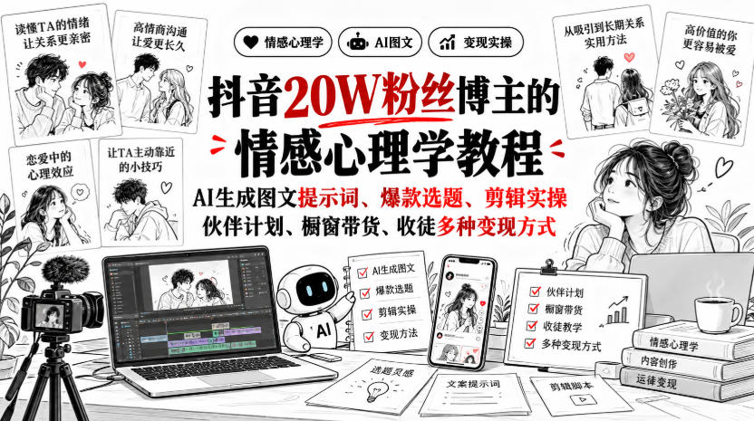 抖音20W粉丝博主静候心声的情感心理学教程，AI生成图文提示词、爆款选题、剪辑实操，伙伴计划、橱窗带货、收徒多种变现方式-识享社