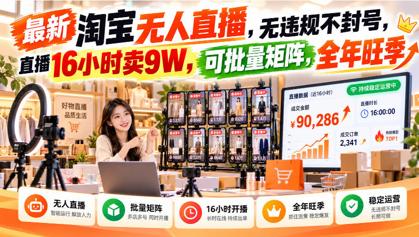 最新淘宝无人直播,无违规不封号,直播16小时卖9W,可批量矩阵,全年旺季【揭秘】-识享社