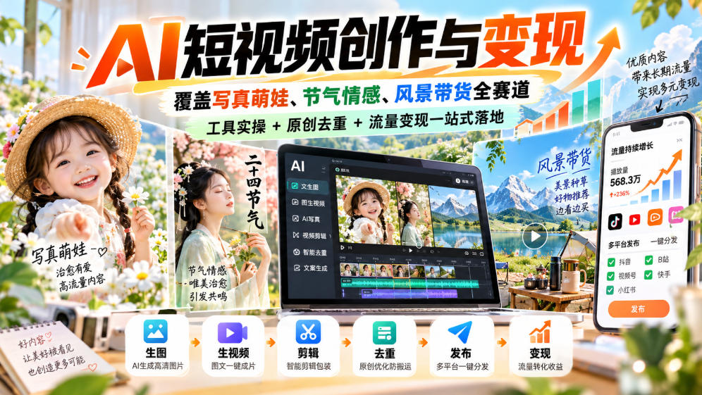 AI短视频创作与变现，覆盖写真萌娃、节气情感、风景带货全赛道，工具实操+原创去重+流量变现一站式落地-识享社
