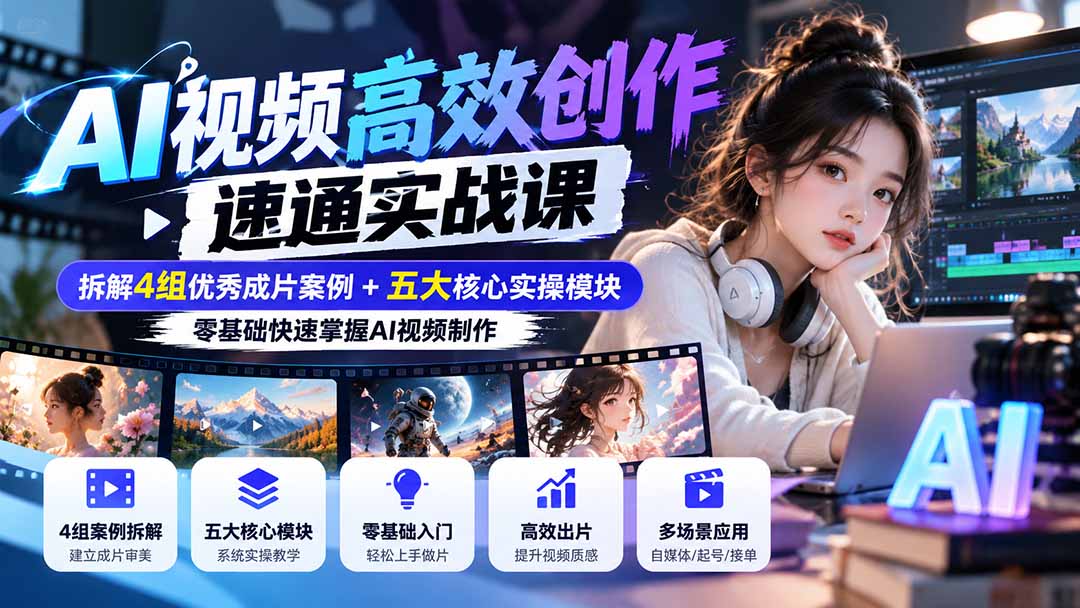 【无水印】AI视频高效创作速通实战课：拆解4组优秀成片案例+五大核心实操模块，零基础快速掌握AI视频制作-识享社