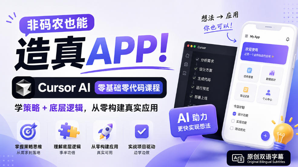 非码农也能造真APP!Cursor AI零基础零代码课程:学策略+底层逻辑,从零构建真实应用【原创双语字幕】-识享社