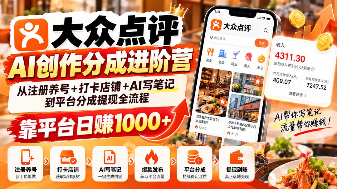 大众点评AI创作分成进阶营：从注册养号+打卡店铺+AI写笔记到平台分成提现全流程，靠平台日赚1000+-识享社