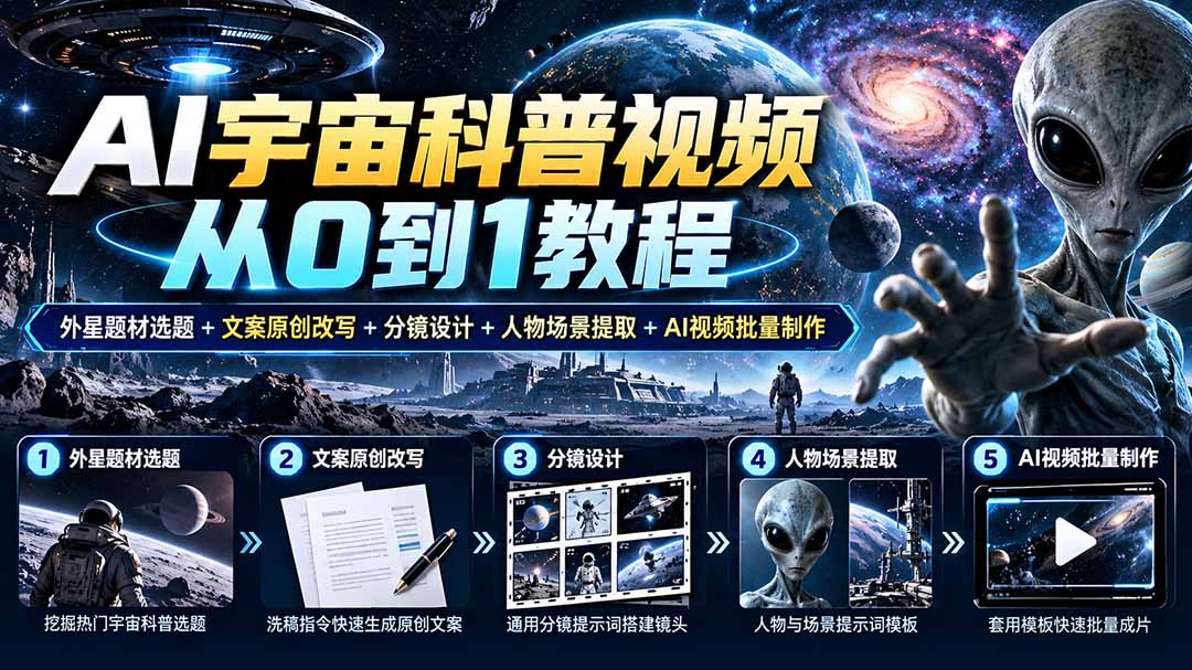 AI宇宙科普视频从0到1教程|外星题材选题+文案原创改写+分镜设计+人物场景提取+AI视频批量制作-识享社