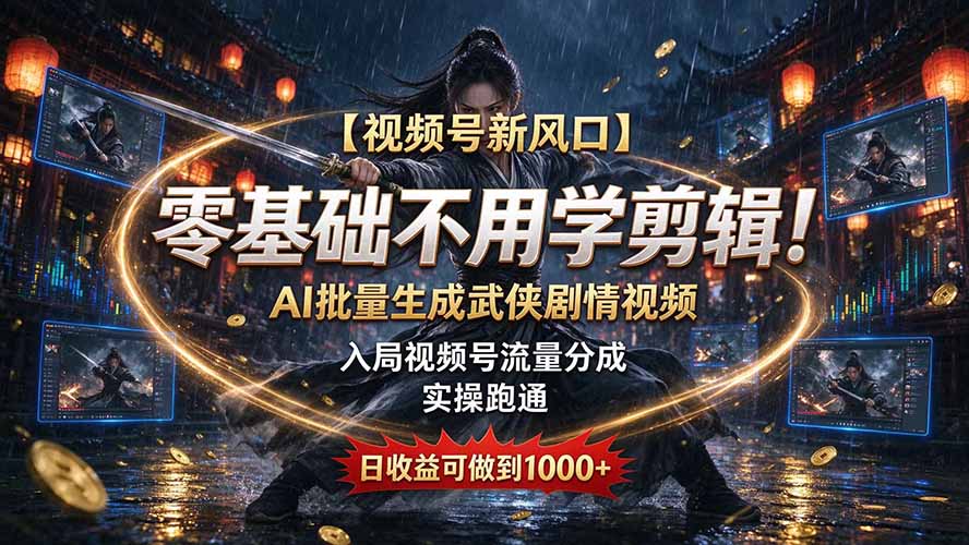【视频号新风口】零基础不用学剪辑！AI 批量生成武侠剧情视频，入局视频号流量分成，实操跑通，日收益可做到 1000+-识享社