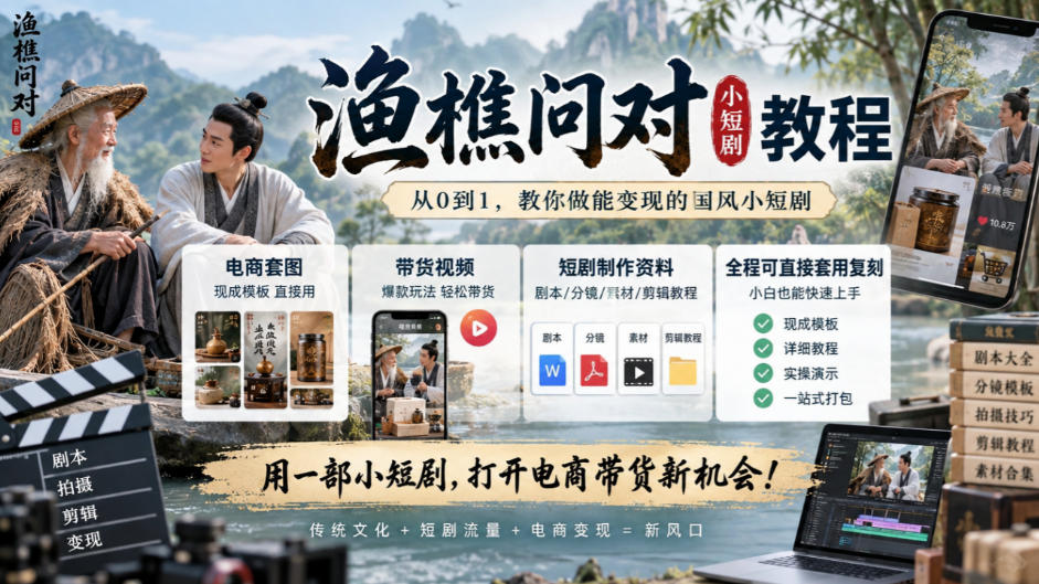 渔樵问对小短剧教程，包含电商套图、带货视频，短剧制作资料，全程可直接套用复刻-识享社