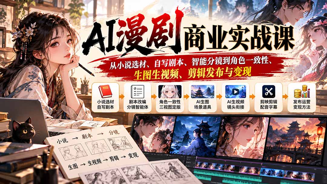 AI漫剧商业实战课:从小说选材、自写剧本、智能分镜到角色一致性、生图生视频、剪辑发布与变现-识享社