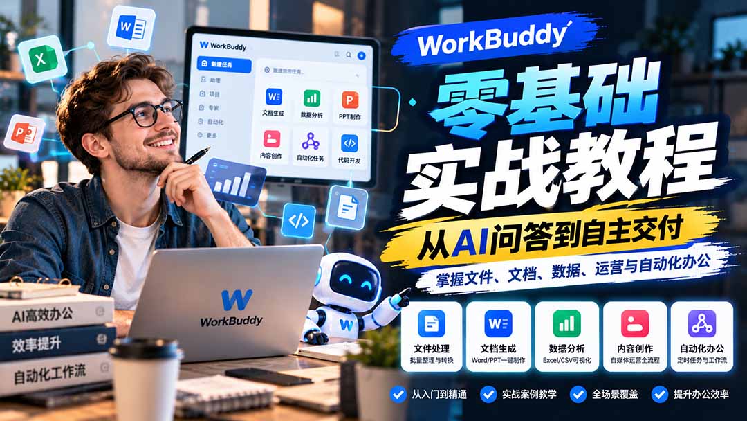 WorkBuddy零基础实战教程:从AI问答到自主交付,掌握文件、文档、数据、运营与自动化办公-识享社