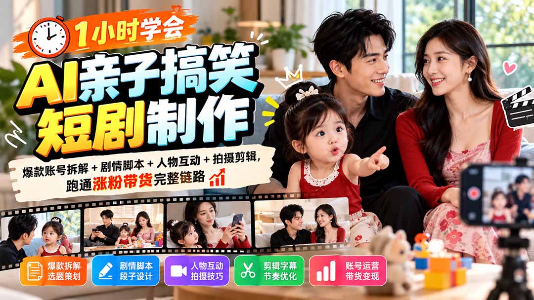 1小时学会AI亲子搞笑短剧制作:爆款账号拆解+剧情脚本+人物互动+拍摄剪辑,跑通涨粉带货完整链路-识享社