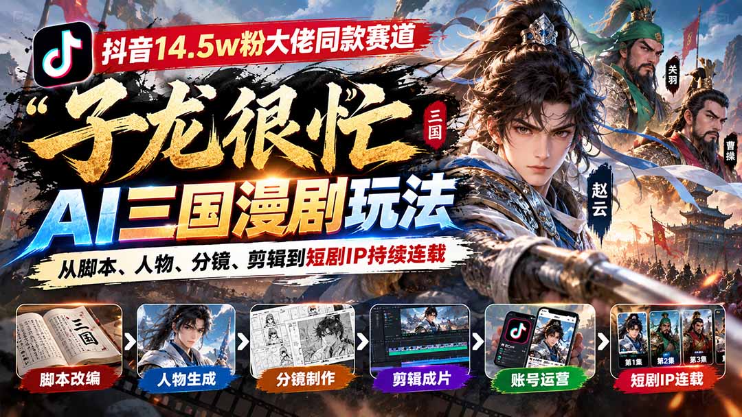 抖音14.5w粉大佬同款赛道「子龙很忙」AI三国漫剧玩法：从脚本、人物、分镜、剪辑到短剧IP持续连载-识享社