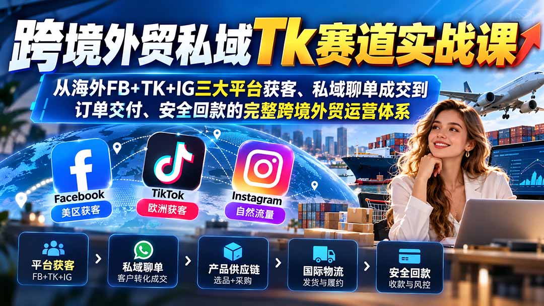 跨境外贸私域Tk赛道实战课：从海外FB+TK+IG三大平台获客、私域聊单成交到订单交付、安全回款的完整跨境外贸运营体系-识享社