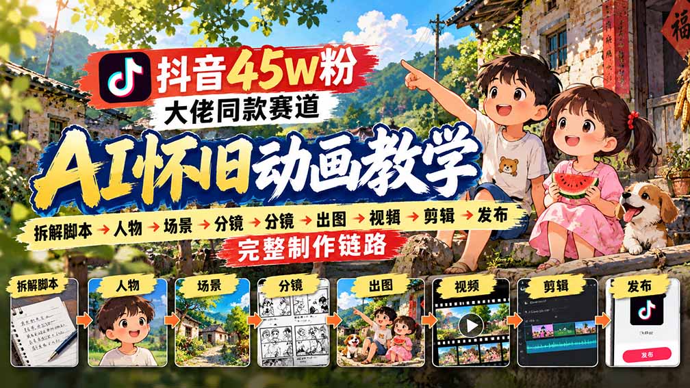 抖音45W粉大佬同款赛道AI怀旧动画教学：拆解脚本→人物→场景→分镜→出图→视频→剪辑→发布完整制作链路-识享社