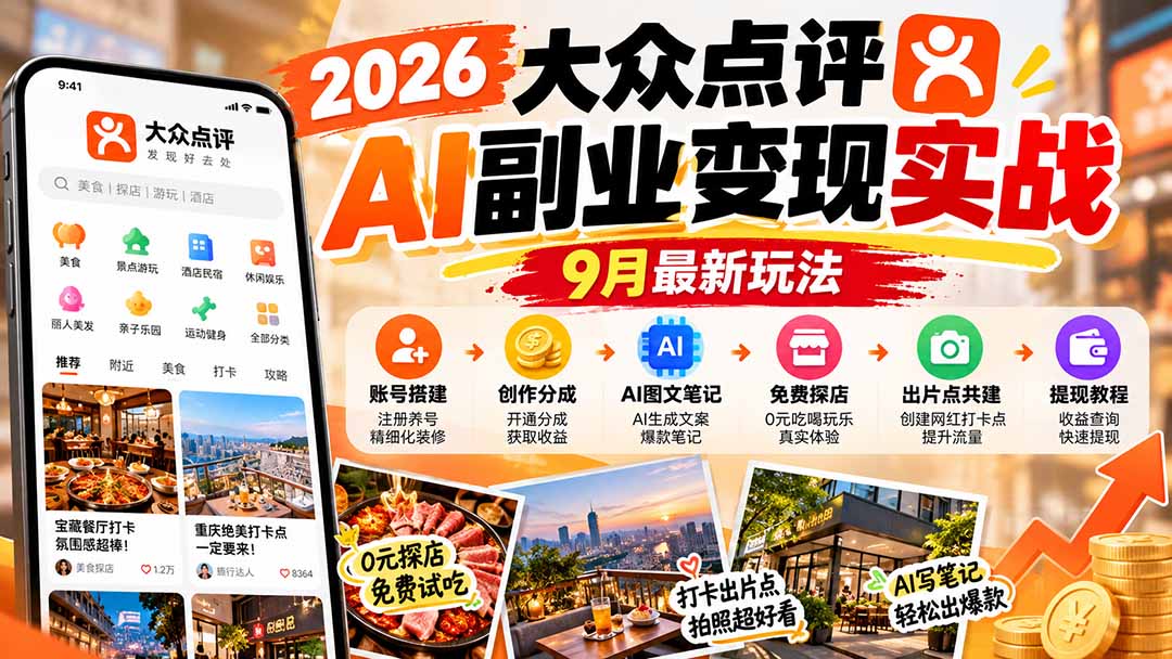 2026大众点评AI副业变现实战9月最新玩法：账号搭建+创作分成+AI图文笔记+免费探店+出片点共建与提现教程-识享社
