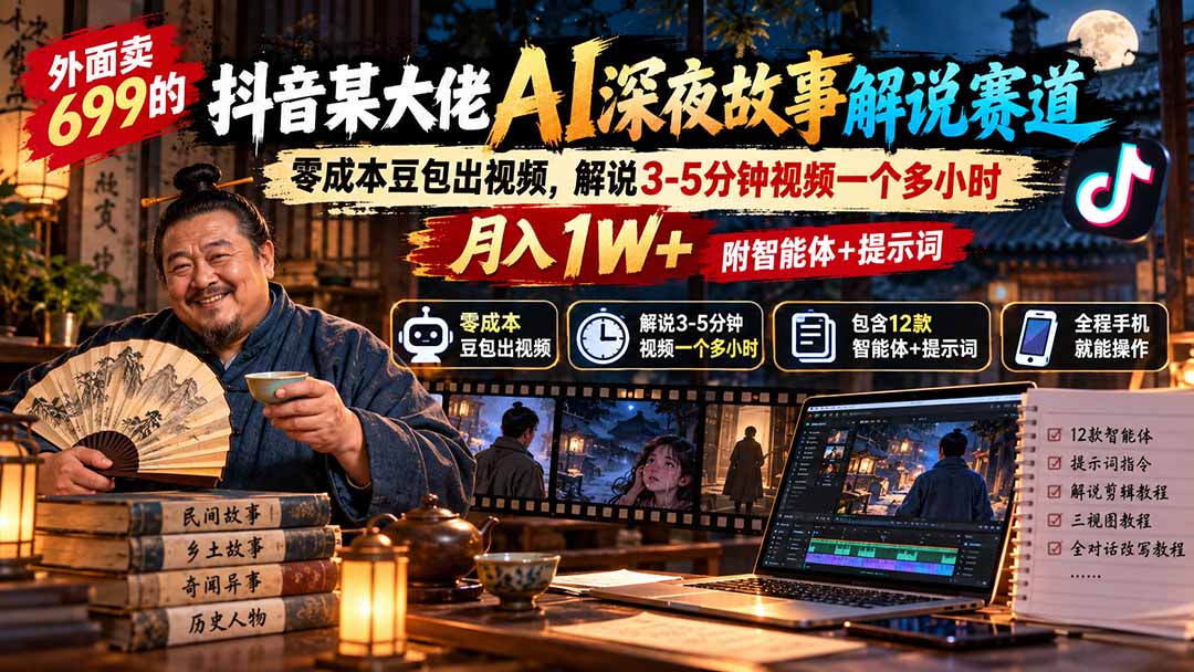 外面卖699抖音某大佬AI深夜故事解说赛道-更新：0成本豆包出视频+解说3-5分钟视频一个多小时，月入1W+附智能体+提示词-识享社
