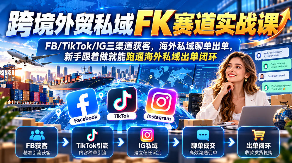 跨境外贸私域FK赛道实战课｜FB/TikTok/IG三渠道获客，海外私域聊单出单，新手跟着做就能跑通海外私域出单闭环-识享社