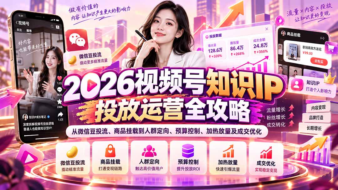 2026视频号知识IP投放运营全攻略:从微信豆投流、商品挂载到人群定向、预算控制、加热放量及成交优化-识享社