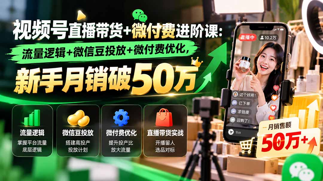 视频号直播带货+微付费进阶课-更新1010：流量逻辑+微信豆投放+微付费优化，新手月销破50万-识享社
