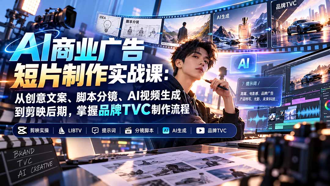 AI商业广告短片制作实战课:从创意文案、脚本分镜、AI视频生成到剪映后期,掌握品牌TVC制作流程-识享社