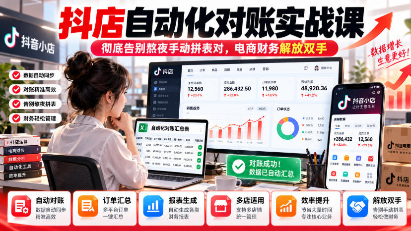 抖店自动化对账实战课，彻底告别熬夜手动拼表对，账电商财务解放双手-识享社