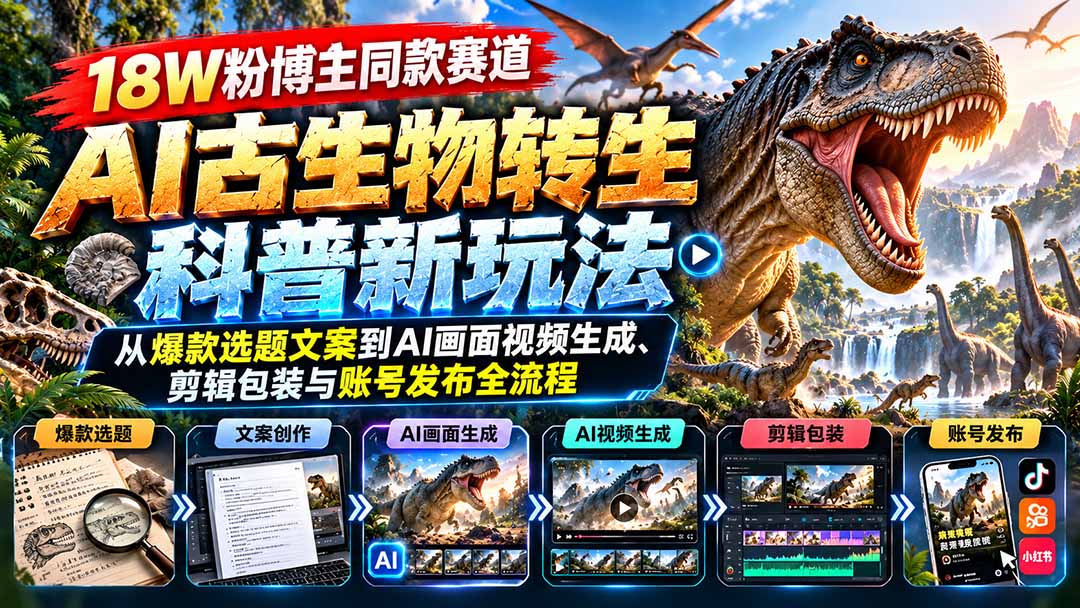 18W粉博主同款赛道-AI古生物转生科普新玩法：从爆款选题文案到AI画面视频生成、剪辑包装与账号发布全流程-识享社