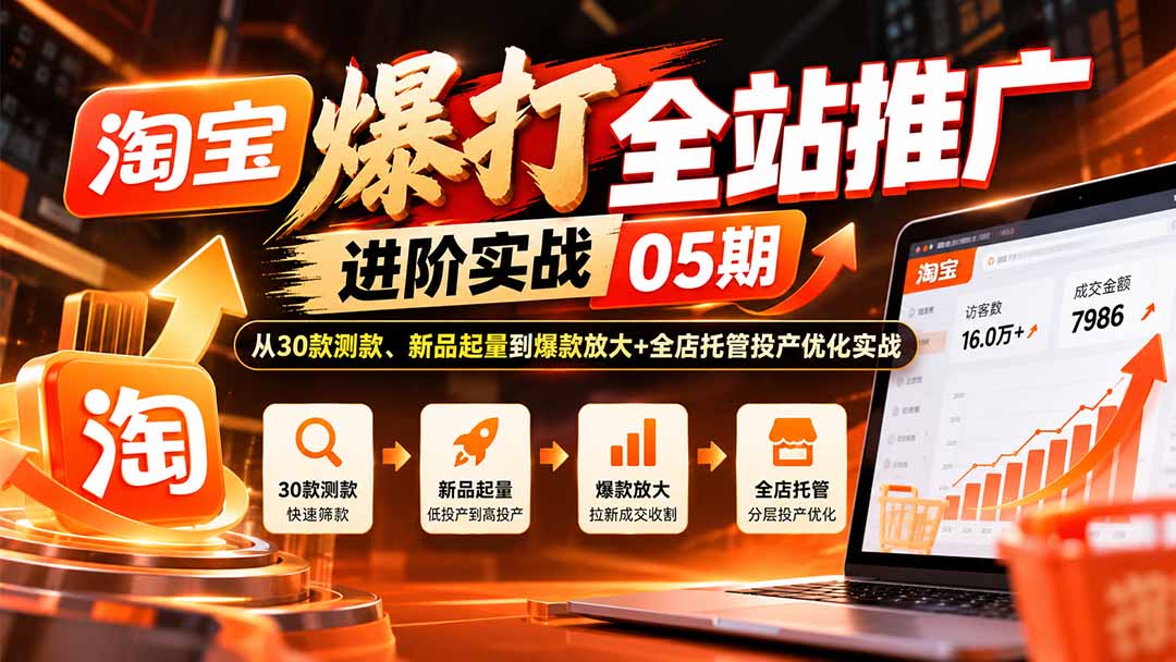淘宝爆打全站推广进阶实战05期：从30款测款、新品起量到爆款放大+全店托管投产优化实战-识享社