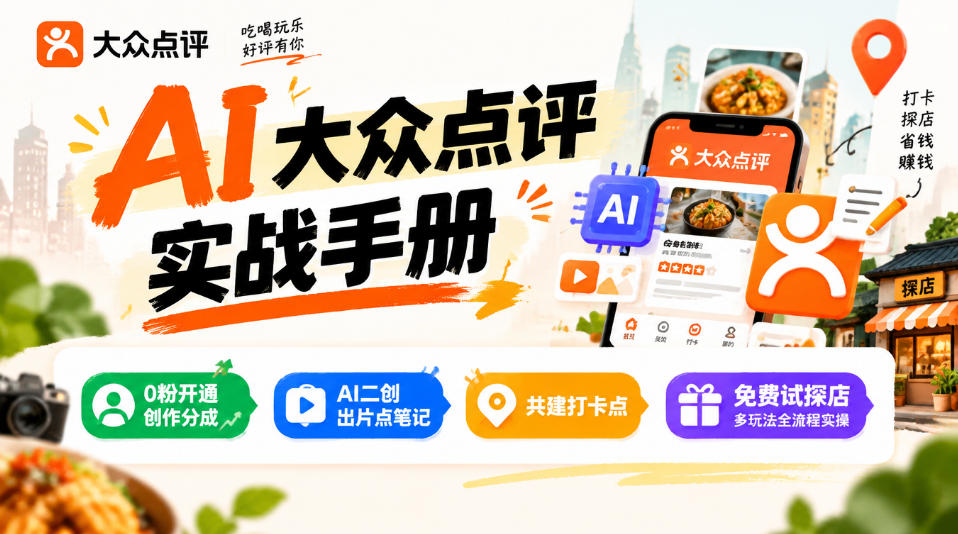 某局的AI大众点评实战手册，0粉开通创作分成、AI二创出片点笔记、共建打卡点、免费试探店多玩法全流程实操-识享社
