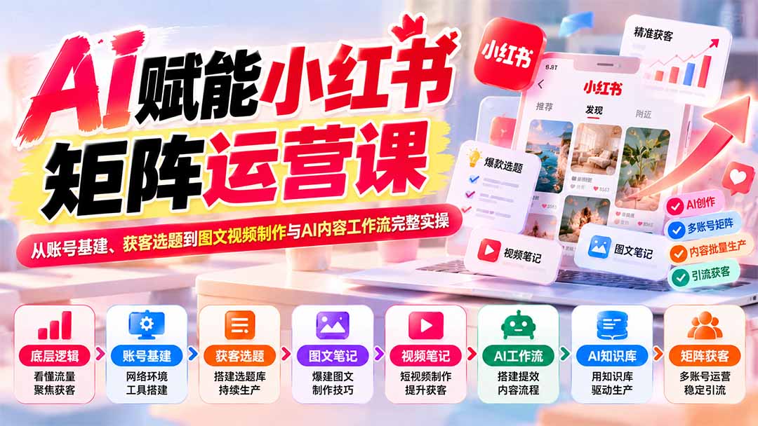 AI赋能小红书矩阵运营课：从账号基建、获客选题到图文视频制作与AI内容工作流完整实操-识享社