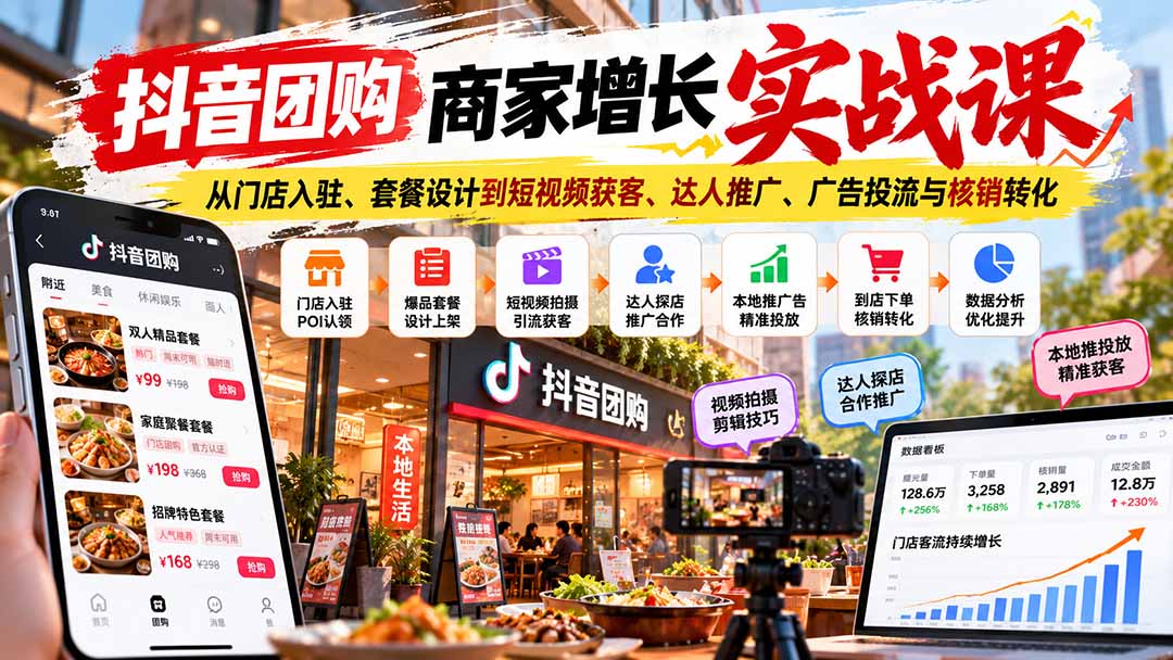 抖音团购商家增长实战课:从门店入驻、套餐设计到短视频获客、达人推广、广告投流与核销转化-识享社