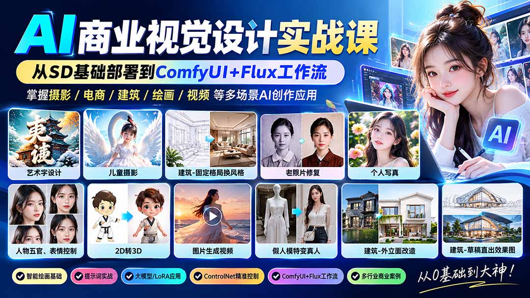 【无水印】AI商业视觉设计实战课：从SD基础部署到ComfyUI+Flux工作流，掌握摄影电商建筑AI创作-识享社