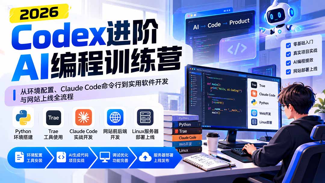 Codex进阶AI编程训练营：从环境配置、Claude Code命令行到实用软件开发与网站上线全流程-识享社