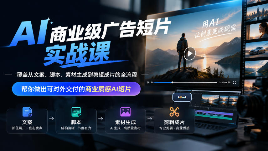 AI商业级广告短片实战课,覆盖从文案、脚本、素材生成到剪辑成片的全流程,帮你做出可对外交付的商业质感AI短片-识享社