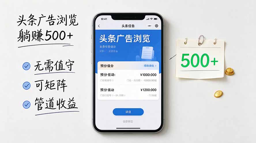 头条广告浏览躺赚500+无需值守，可矩阵并附有管道收益-识享社