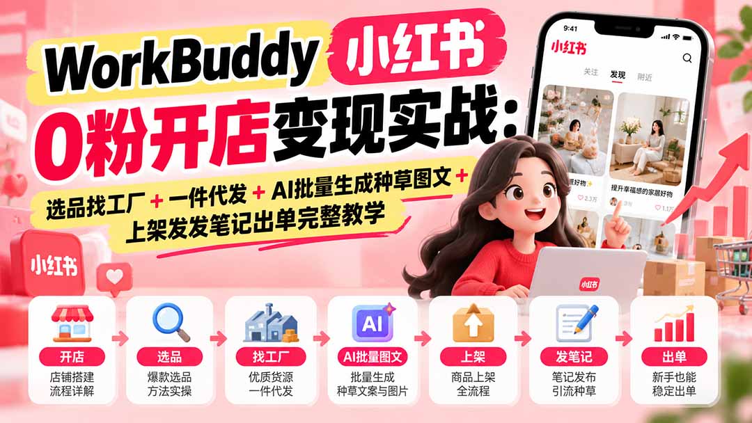WorkBuddy小红书0粉开店变现实战:选品找工厂+一件代发+AI批量生成种草图文+上架发发笔记出单完整教学-识享社
